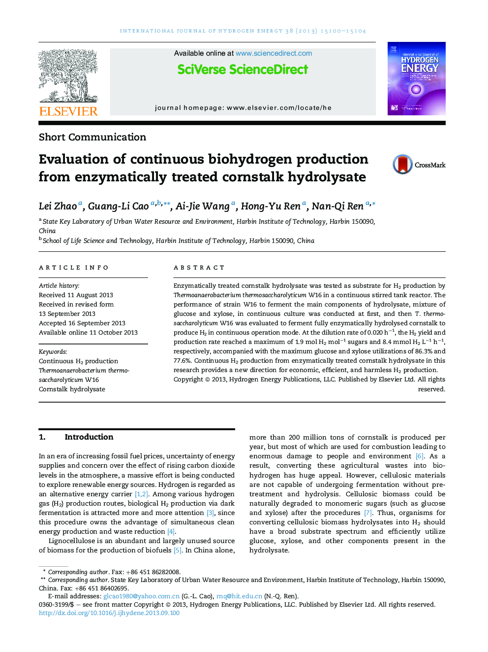 Evaluation of continuous biohydrogen production from enzymatically treated cornstalk hydrolysate