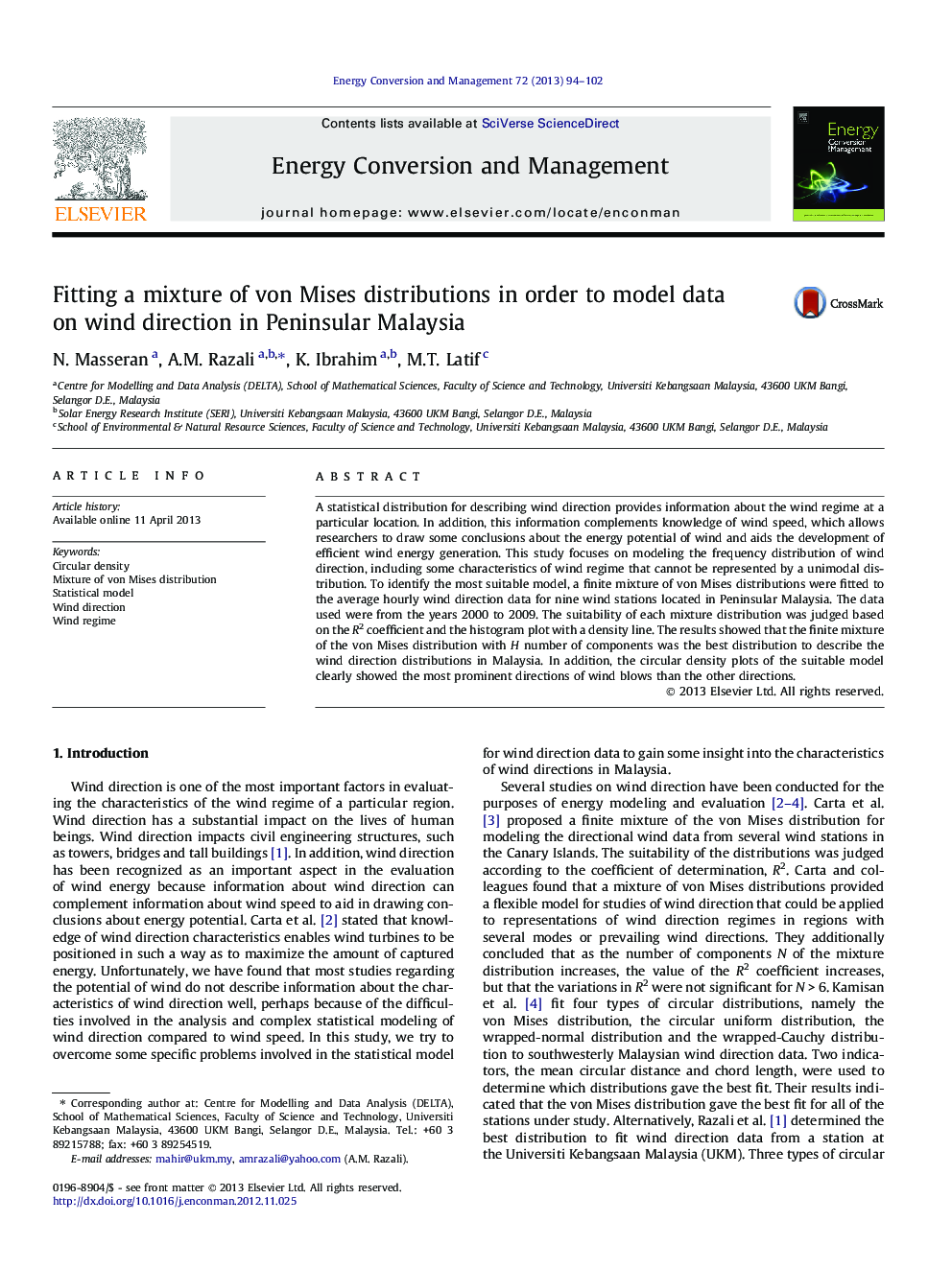 Fitting a mixture of von Mises distributions in order to model data on wind direction in Peninsular Malaysia