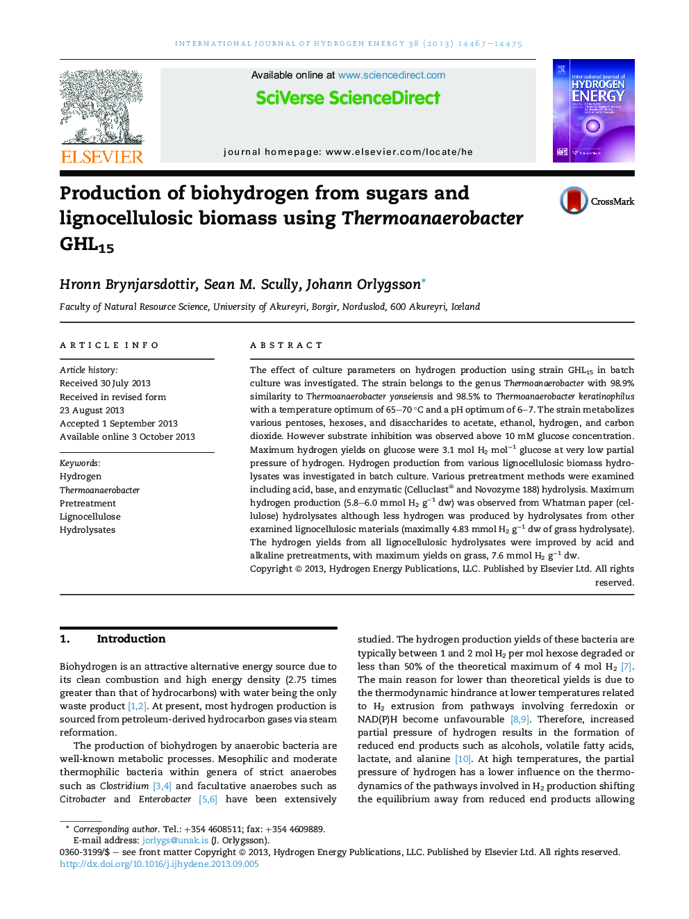 Production of biohydrogen from sugars and lignocellulosic biomass using Thermoanaerobacter GHL15