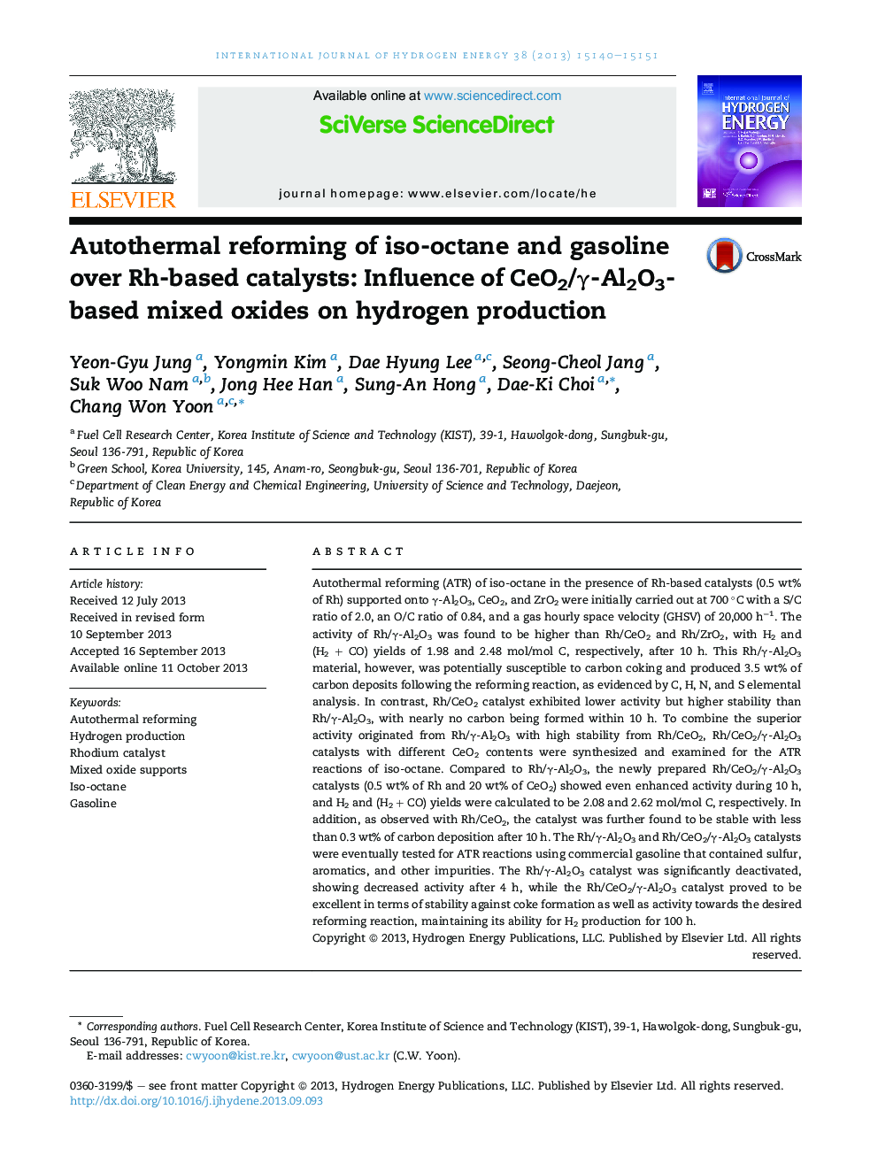 Autothermal reforming of iso-octane and gasoline over Rh-based catalysts: Influence of CeO2/Î³-Al2O3-based mixed oxides on hydrogen production