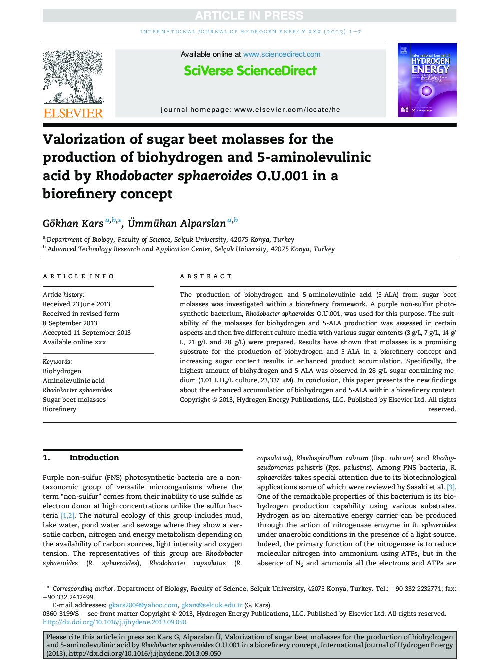 Valorization of sugar beet molasses for the production of biohydrogen and 5-aminolevulinic acid by Rhodobacter sphaeroides O.U.001 in a biorefinery concept