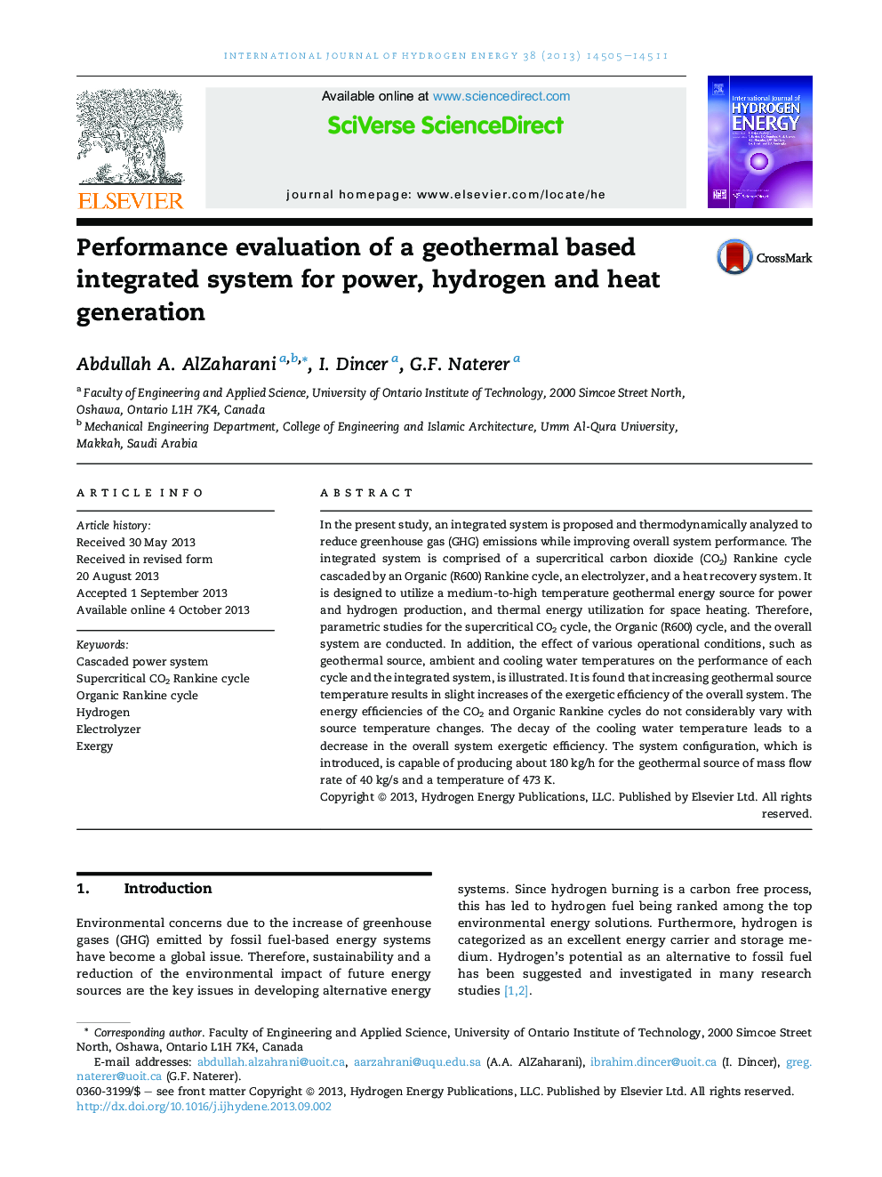 Performance evaluation of a geothermal based integrated system for power, hydrogen and heat generation