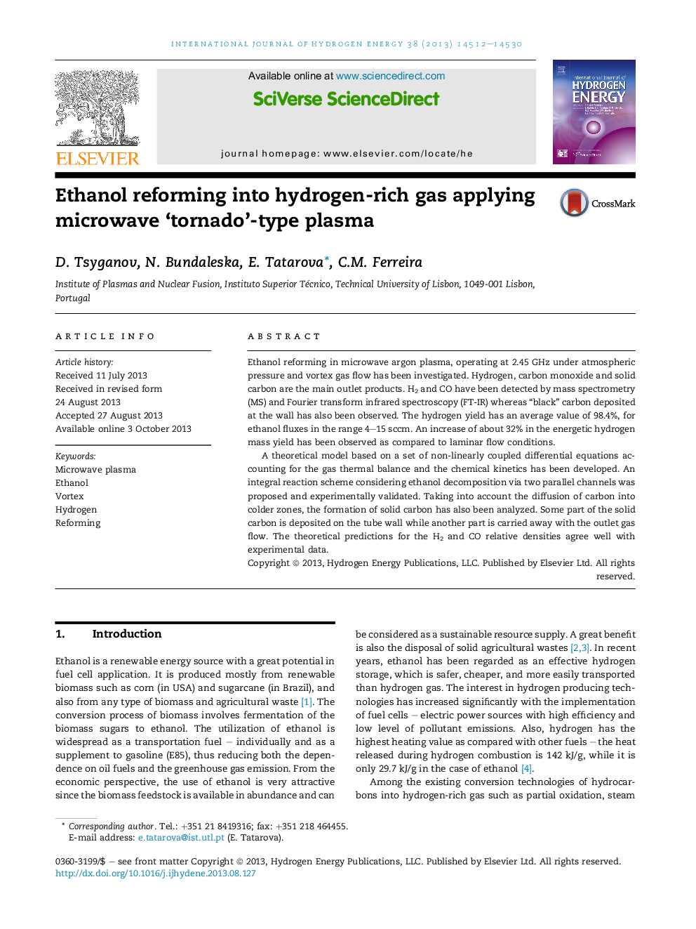 Ethanol reforming into hydrogen-rich gas applying microwave 'tornado'-type plasma