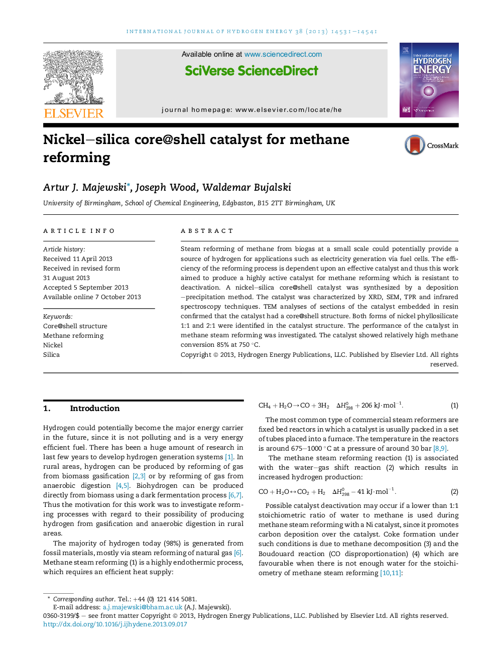 Nickel-silica core@shell catalyst for methane reforming