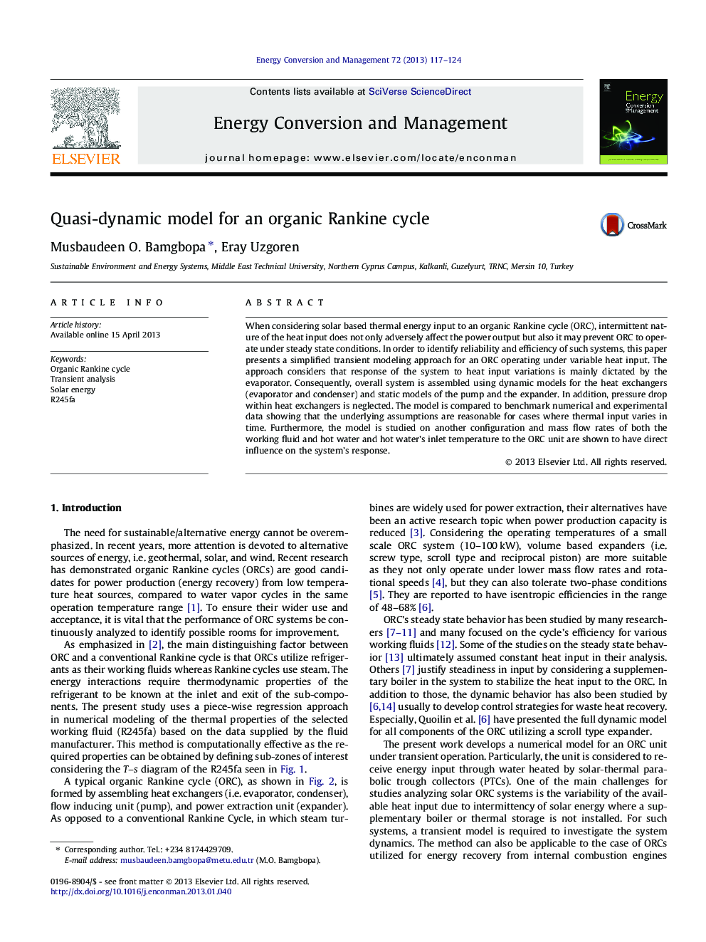 Quasi-dynamic model for an organic Rankine cycle