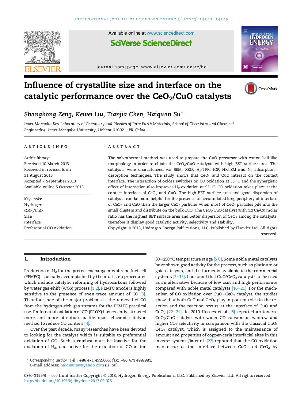 Influence of crystallite size and interface on the catalyticÂ performance over the CeO2/CuO catalysts