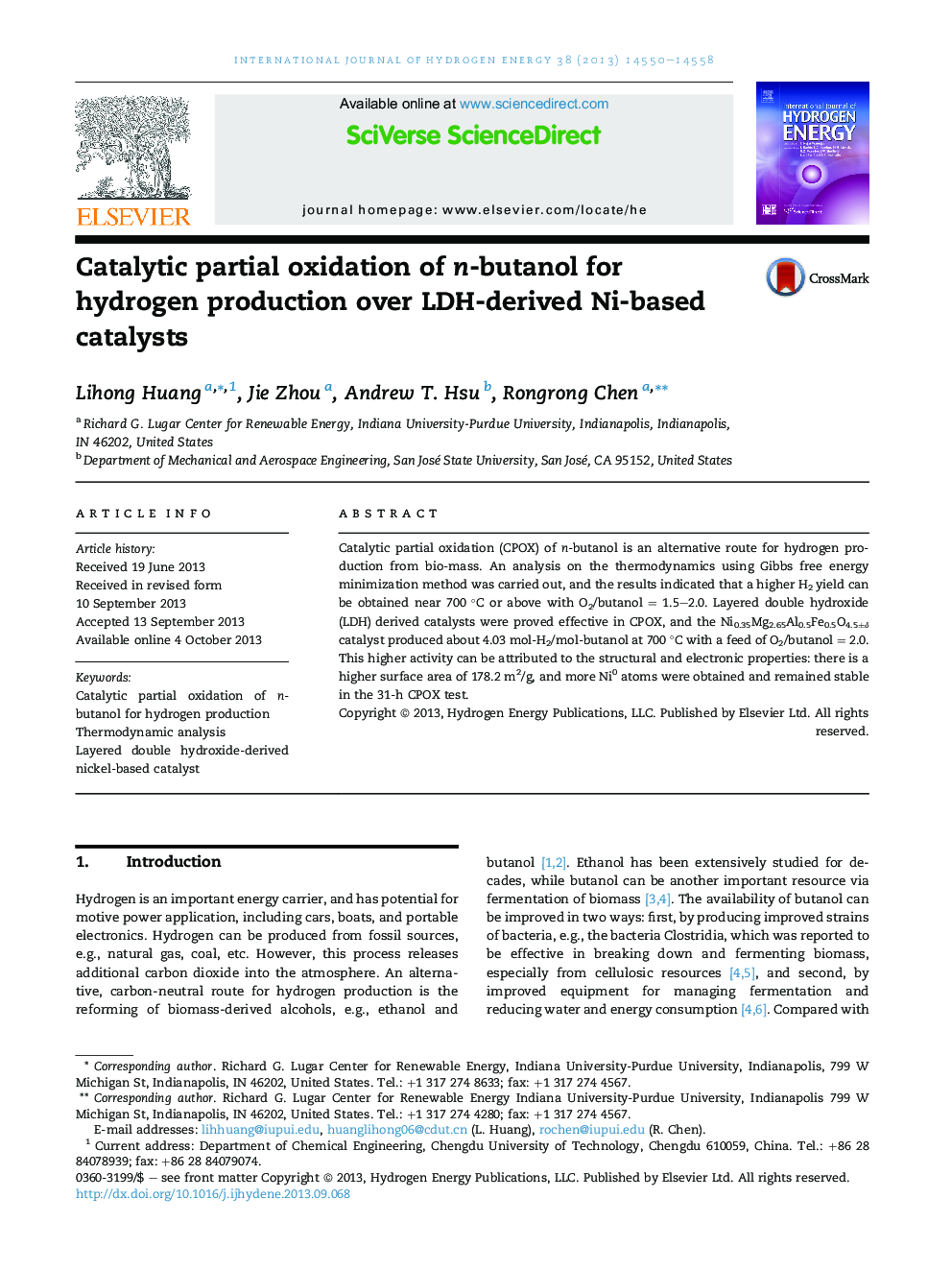 Catalytic partial oxidation of n-butanol for hydrogen production over LDH-derived Ni-based catalysts