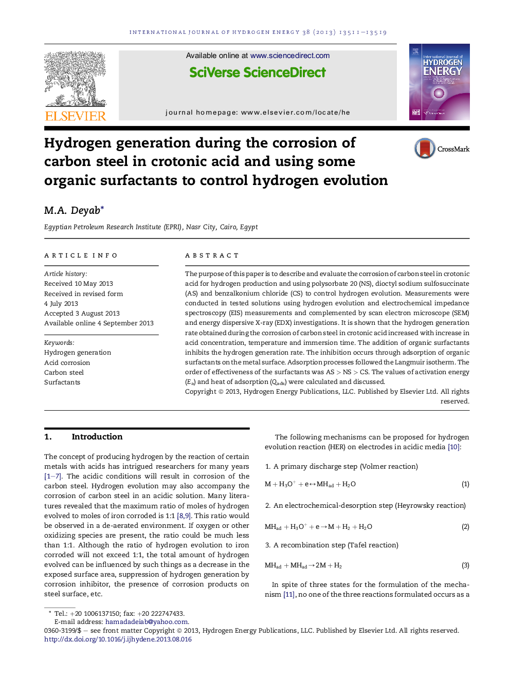 Hydrogen generation during the corrosion of carbon steel in crotonic acid and using some organic surfactants to control hydrogen evolution