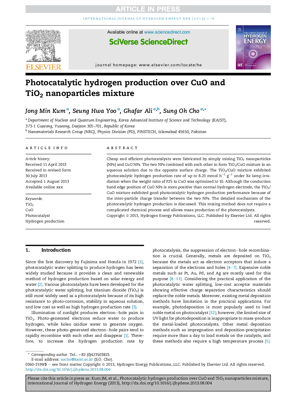 Photocatalytic hydrogen production over CuO and TiO2 nanoparticles mixture