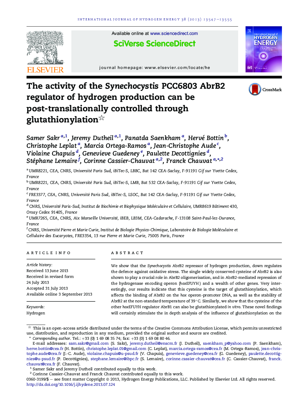 The activity of the Synechocystis PCC6803 AbrB2 regulator of hydrogen production can be post-translationally controlled through glutathionylation