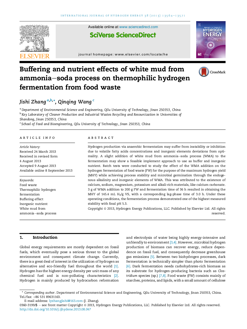 Buffering and nutrient effects of white mud from ammonia-soda process on thermophilic hydrogen fermentation from food waste