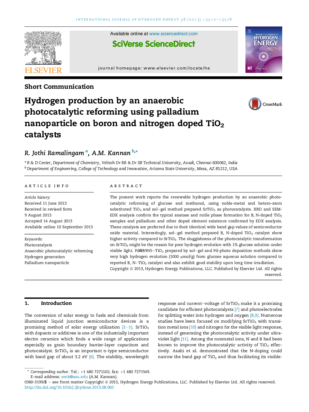 RETRACTED: Hydrogen production by an anaerobic photocatalytic reforming using palladium nanoparticle on boron and nitrogen doped TiO2 catalysts