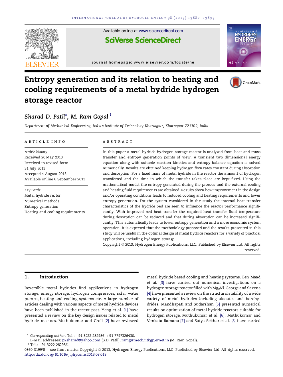 Entropy generation and its relation to heating and cooling requirements of a metal hydride hydrogen storage reactor