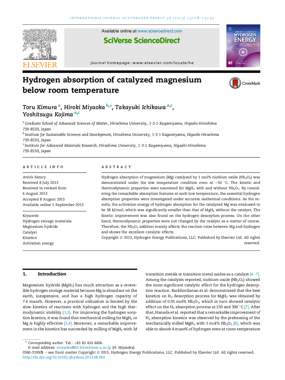 Hydrogen absorption of catalyzed magnesium below room temperature