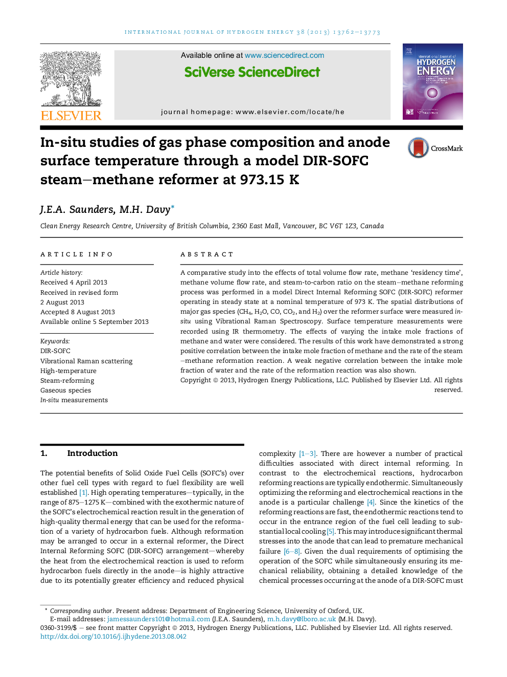 In-situ studies of gas phase composition and anode surface temperature through a model DIR-SOFC steam-methane reformer at 973.15Â K