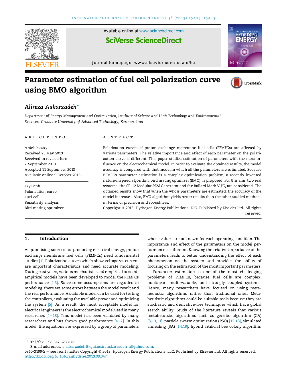 Parameter estimation of fuel cell polarization curve using BMO algorithm