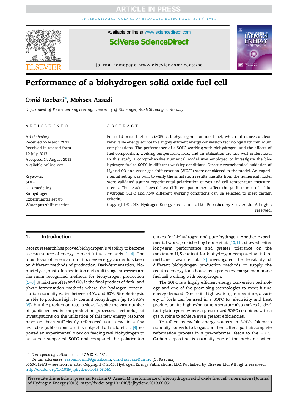 Performance of a biohydrogen solid oxide fuel cell