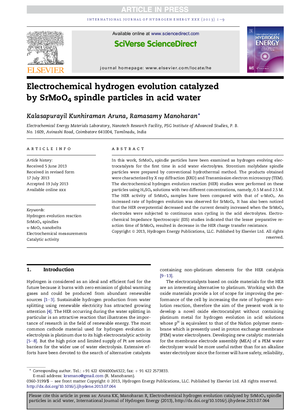 Electrochemical hydrogen evolution catalyzed byÂ SrMoO4 spindle particles in acid water