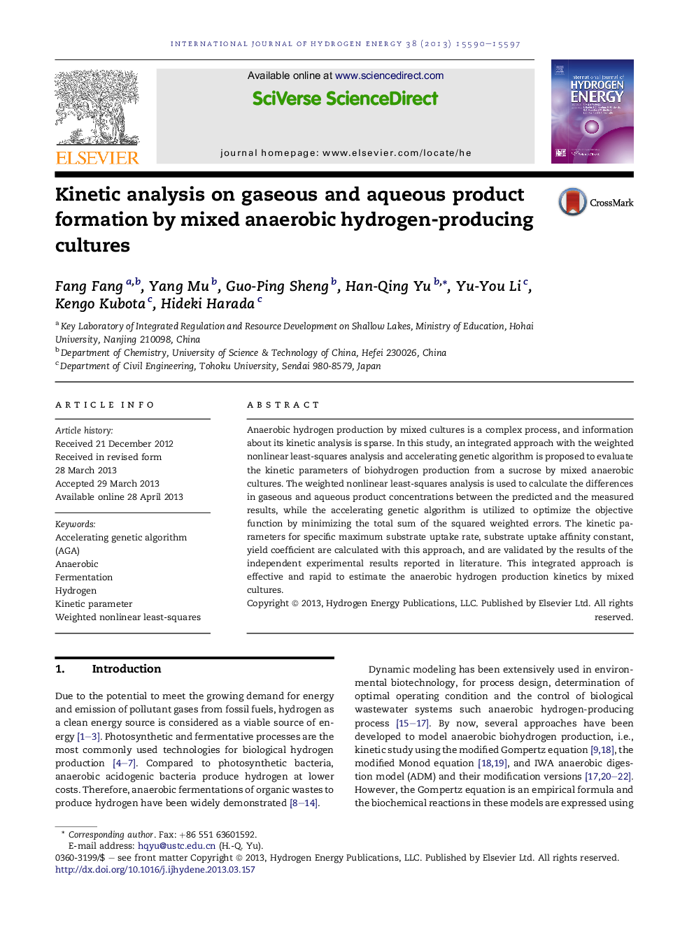 Kinetic analysis on gaseous and aqueous product formation by mixed anaerobic hydrogen-producing cultures