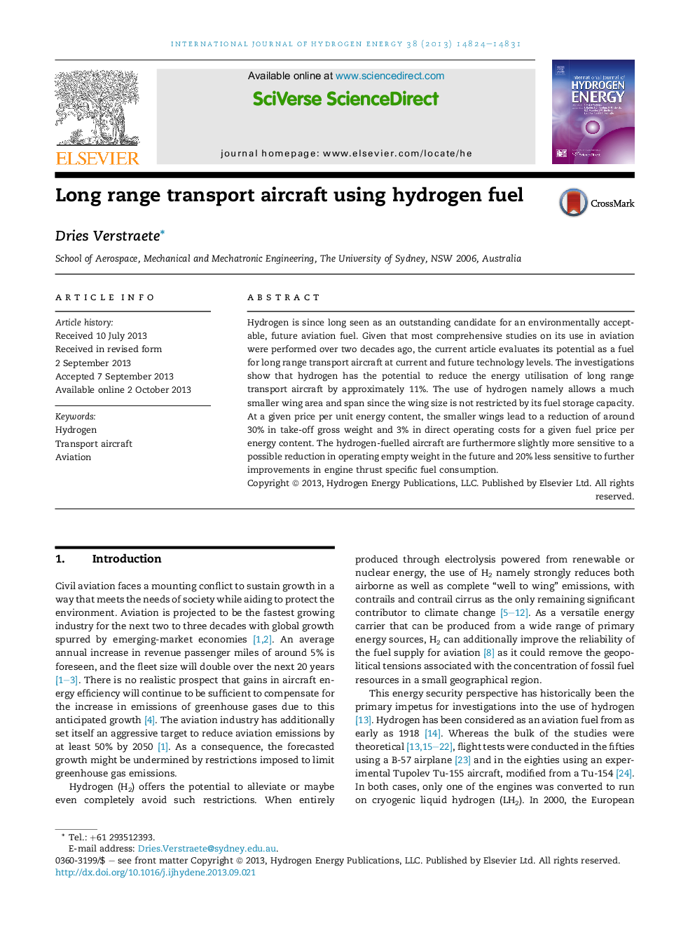 Long range transport aircraft using hydrogen fuel