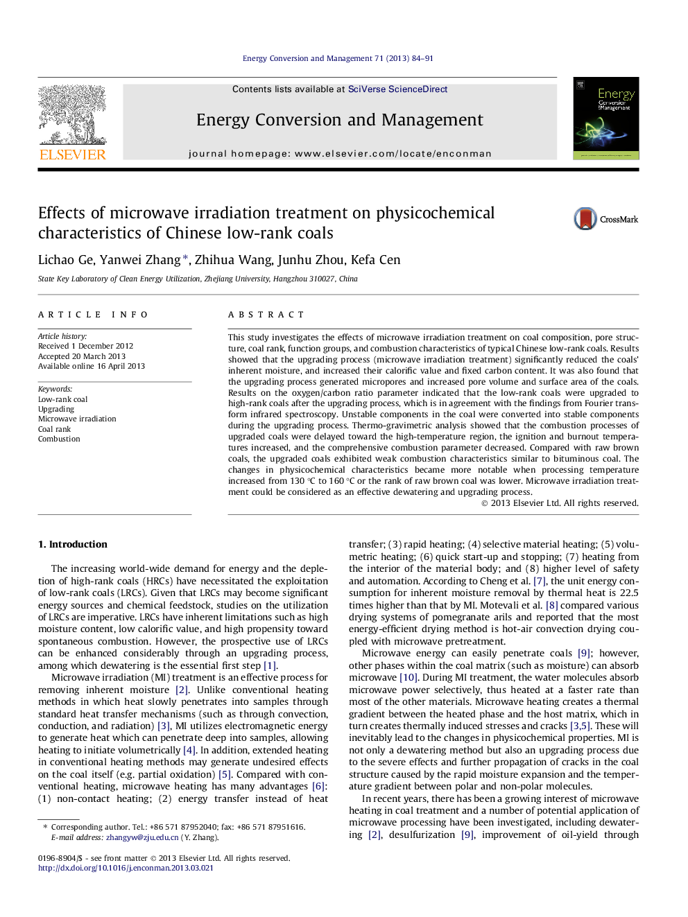 عکس صفحه اول مقاله: Effects of microwave irradiation treatment on physicochemical characteristics of Chinese low-rank coals Effects of microwave irradiation treatment on physicochemical characteristics of Chinese low-rank coals