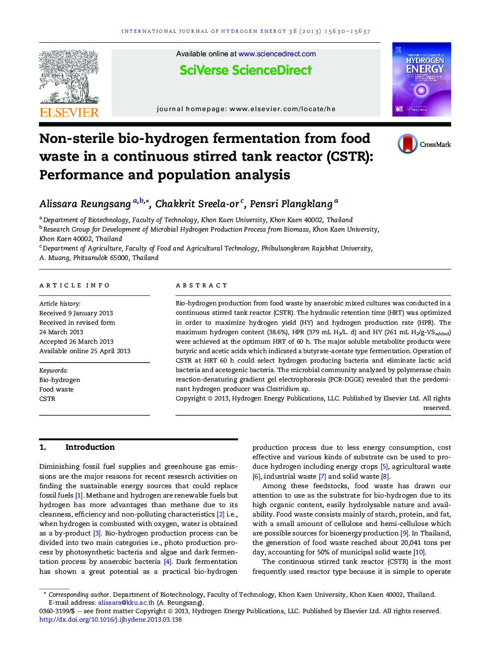 Non-sterile bio-hydrogen fermentation from food waste in a continuous stirred tank reactor (CSTR): Performance and population analysis