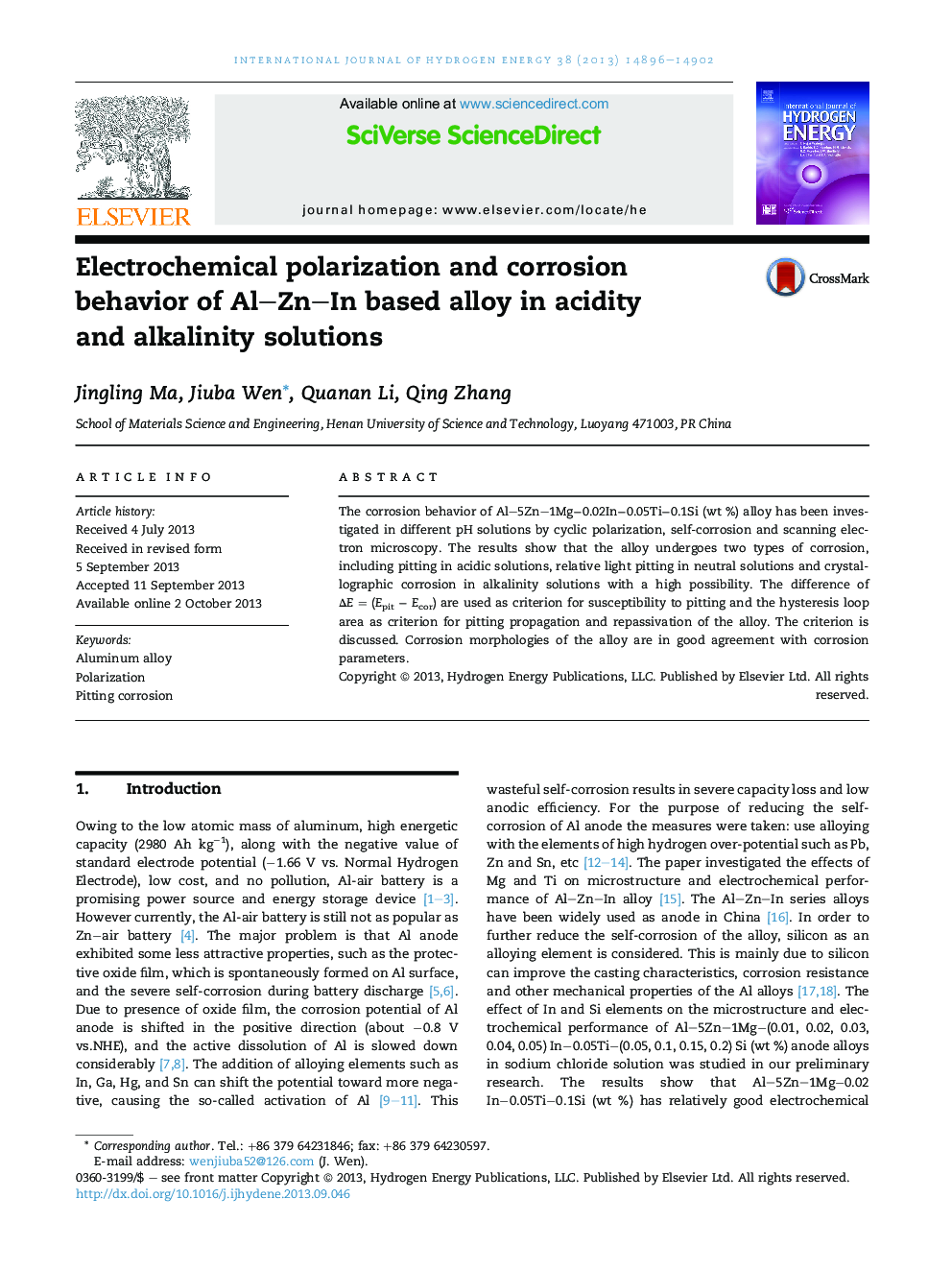 Electrochemical polarization and corrosion behavior of Al-Zn-In based alloy in acidity and alkalinity solutions