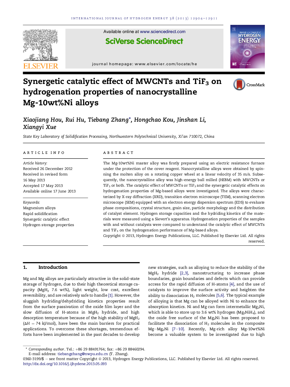 Synergetic catalytic effect of MWCNTs and TiF3 on hydrogenation properties of nanocrystalline Mg-10wt%Ni alloys