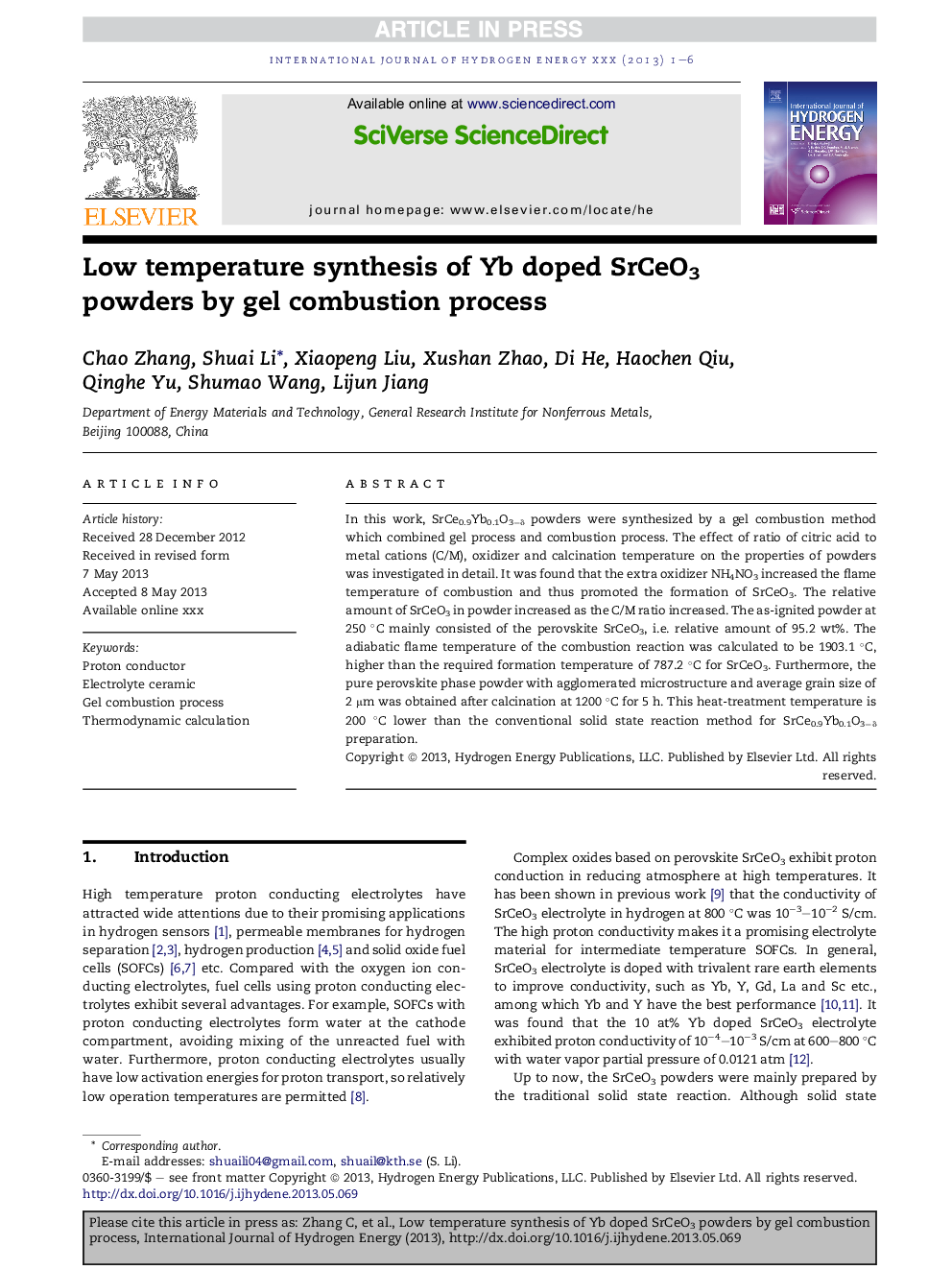 Low temperature synthesis of Yb doped SrCeO3 powders by gel combustion process