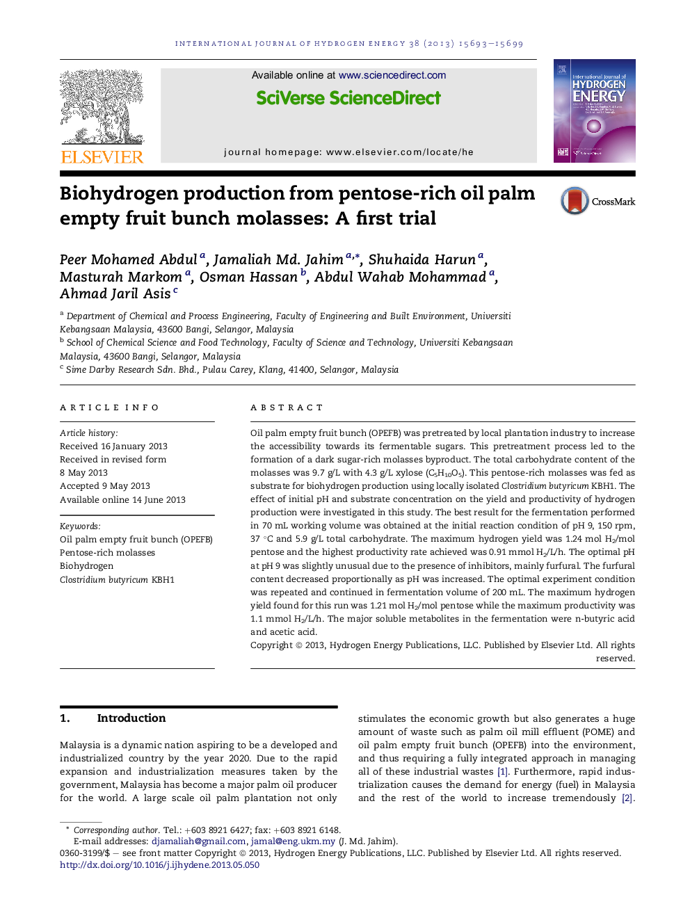 Biohydrogen production from pentose-rich oil palm empty fruit bunch molasses: A first trial