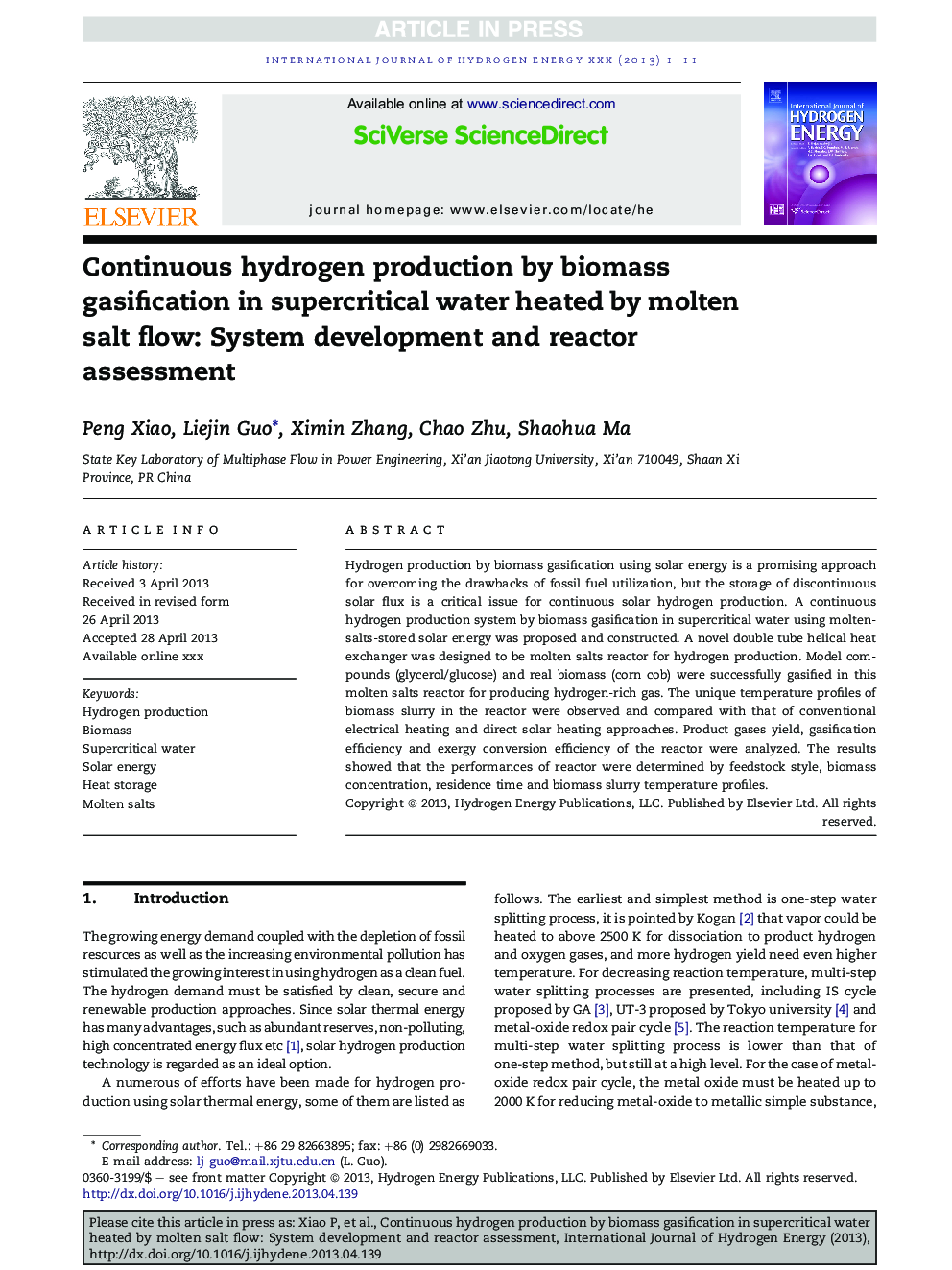 Continuous hydrogen production by biomass gasification in supercritical water heated by molten salt flow: System development and reactor assessment