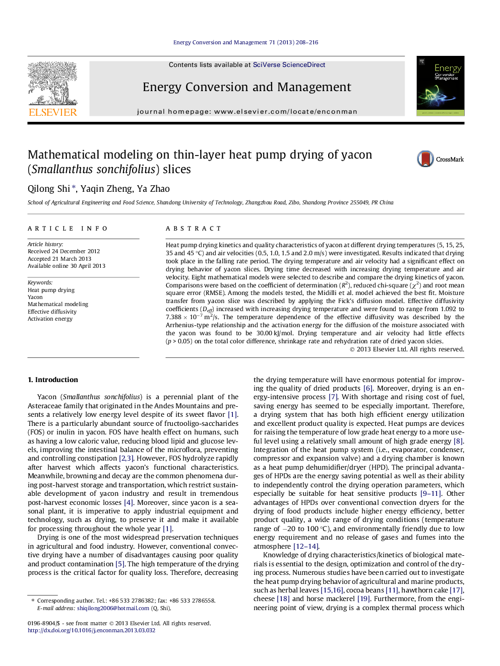 Mathematical modeling on thin-layer heat pump drying of yacon (Smallanthus sonchifolius) slices