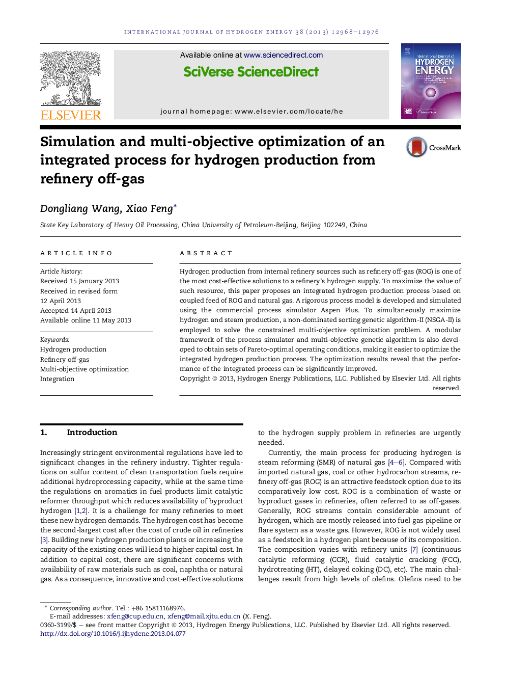 Simulation and multi-objective optimization of an integrated process for hydrogen production from refinery off-gas