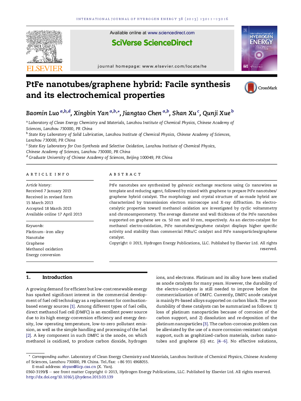 PtFe nanotubes/graphene hybrid: Facile synthesis and its electrochemical properties