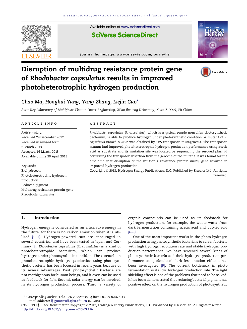 Disruption of multidrug resistance protein gene of Rhodobacter capsulatus results in improved photoheterotrophic hydrogen production