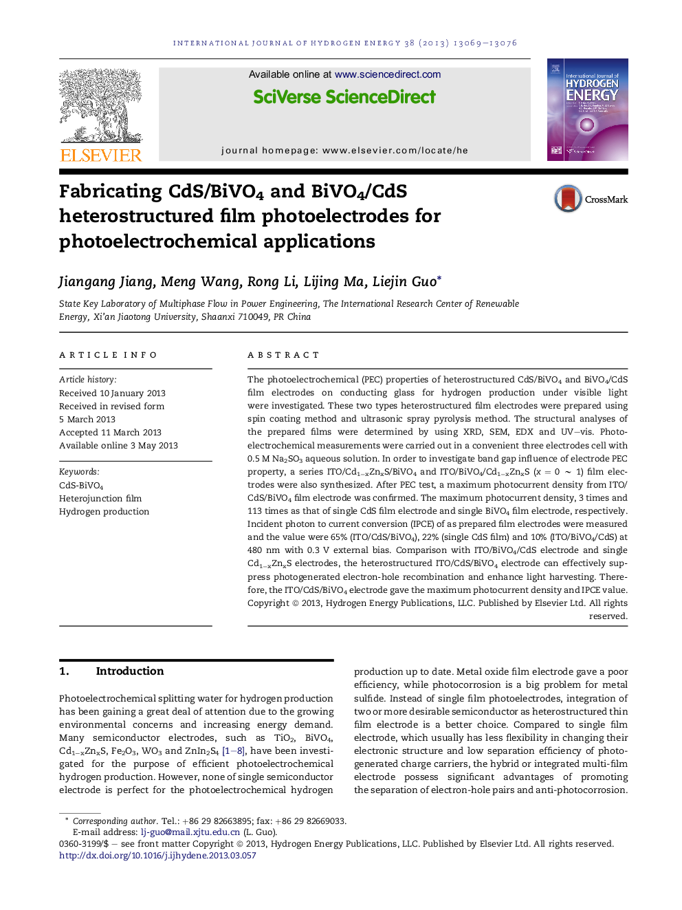 Fabricating CdS/BiVO4 and BiVO4/CdS heterostructured film photoelectrodes for photoelectrochemical applications