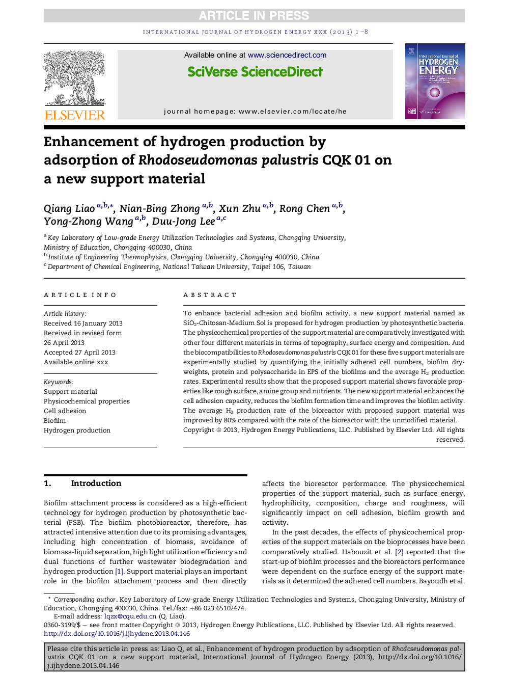 Enhancement of hydrogen production by adsorption of Rhodoseudomonas palustris CQK 01 on a new support material