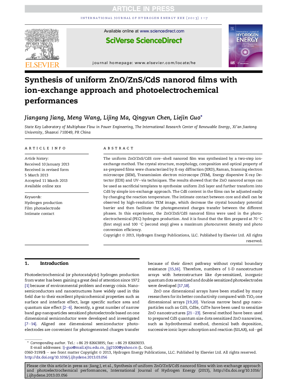 Synthesis of uniform ZnO/ZnS/CdS nanorod films with ion-exchange approach and photoelectrochemical performances