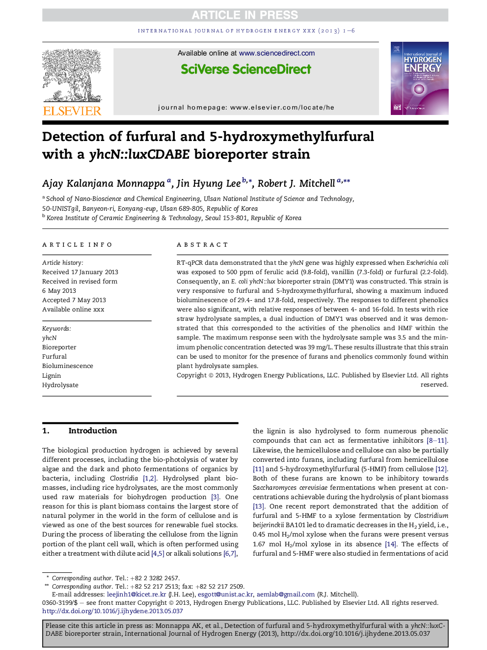 Detection of furfural and 5-hydroxymethylfurfural with a yhcN::luxCDABE bioreporter strain