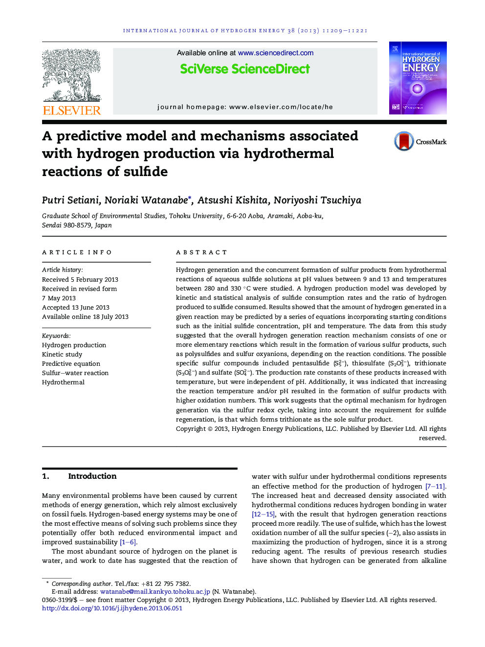 A predictive model and mechanisms associated with hydrogen production via hydrothermal reactions of sulfide