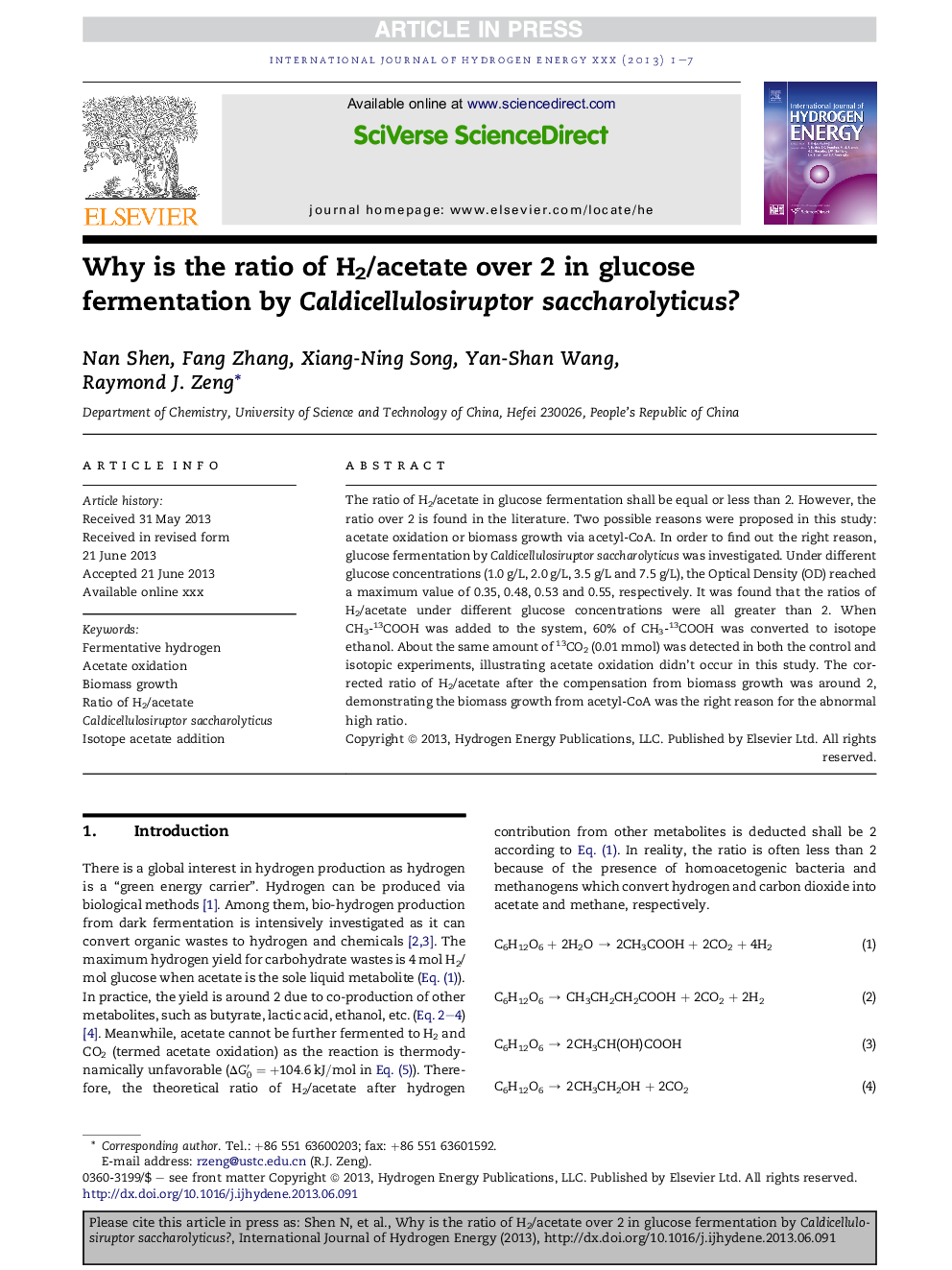 Why is the ratio of H2/acetate over 2 in glucose fermentation by Caldicellulosiruptor saccharolyticus?