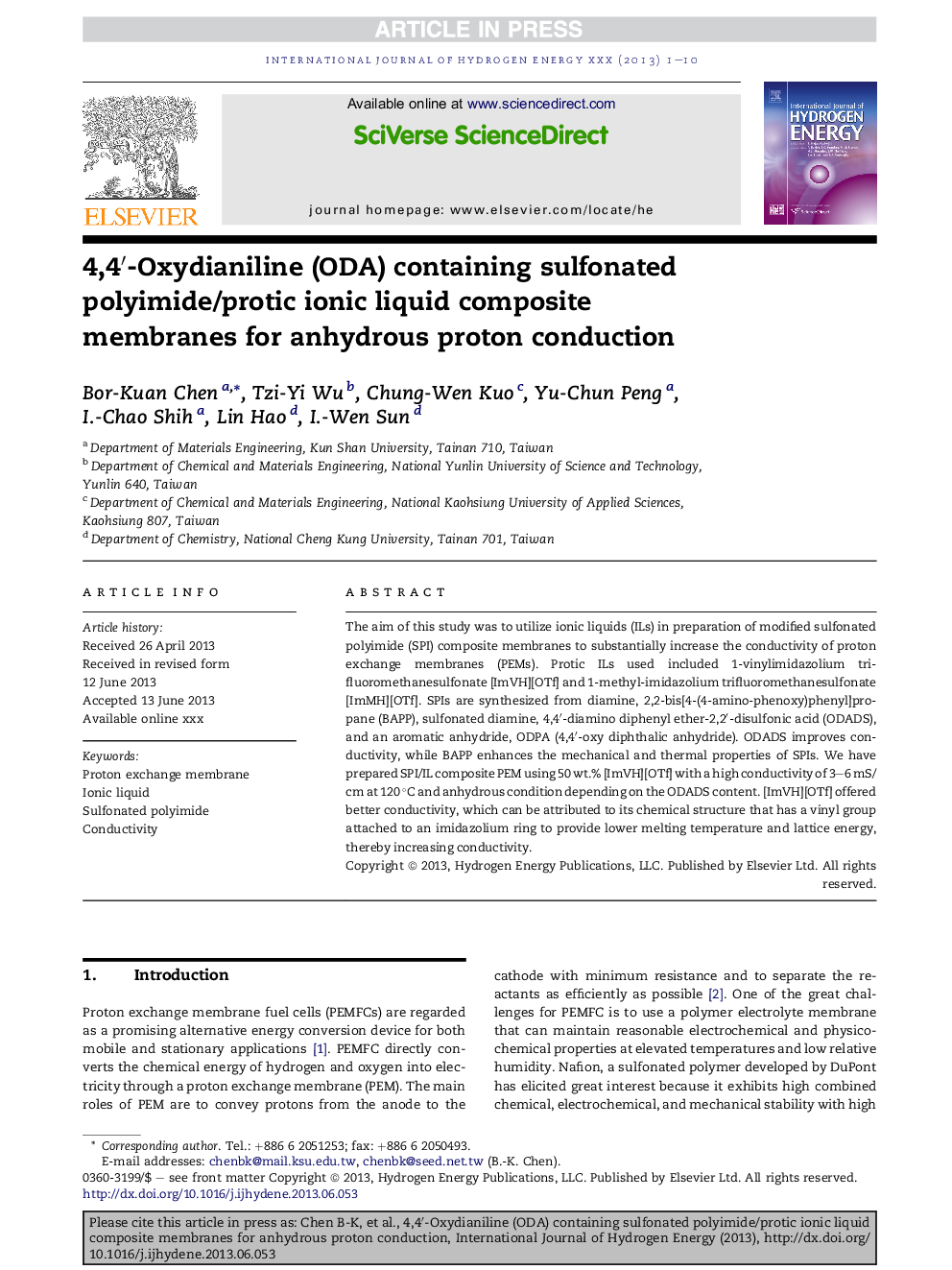 4,4â²-Oxydianiline (ODA) containing sulfonated polyimide/protic ionic liquid composite membranes for anhydrous proton conduction