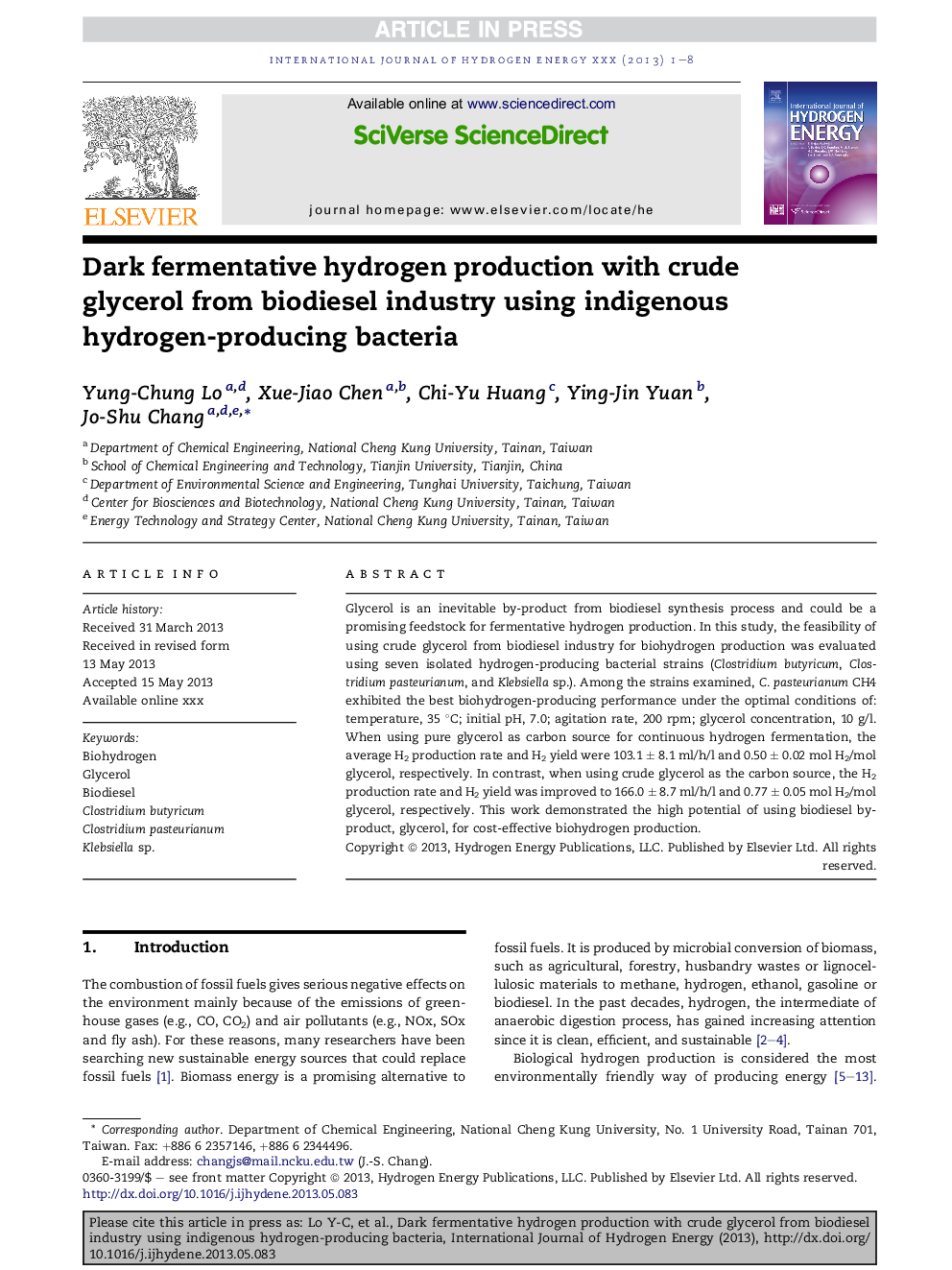 Dark fermentative hydrogen production with crude glycerol from biodiesel industry using indigenous hydrogen-producing bacteria