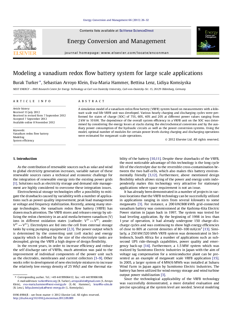 Modeling a vanadium redox flow battery system for large scale applications