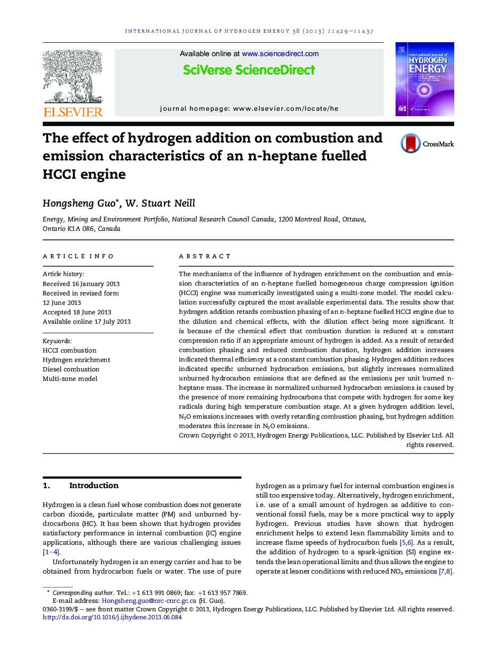 The effect of hydrogen addition on combustion and emission characteristics of an n-heptane fuelled HCCI engine