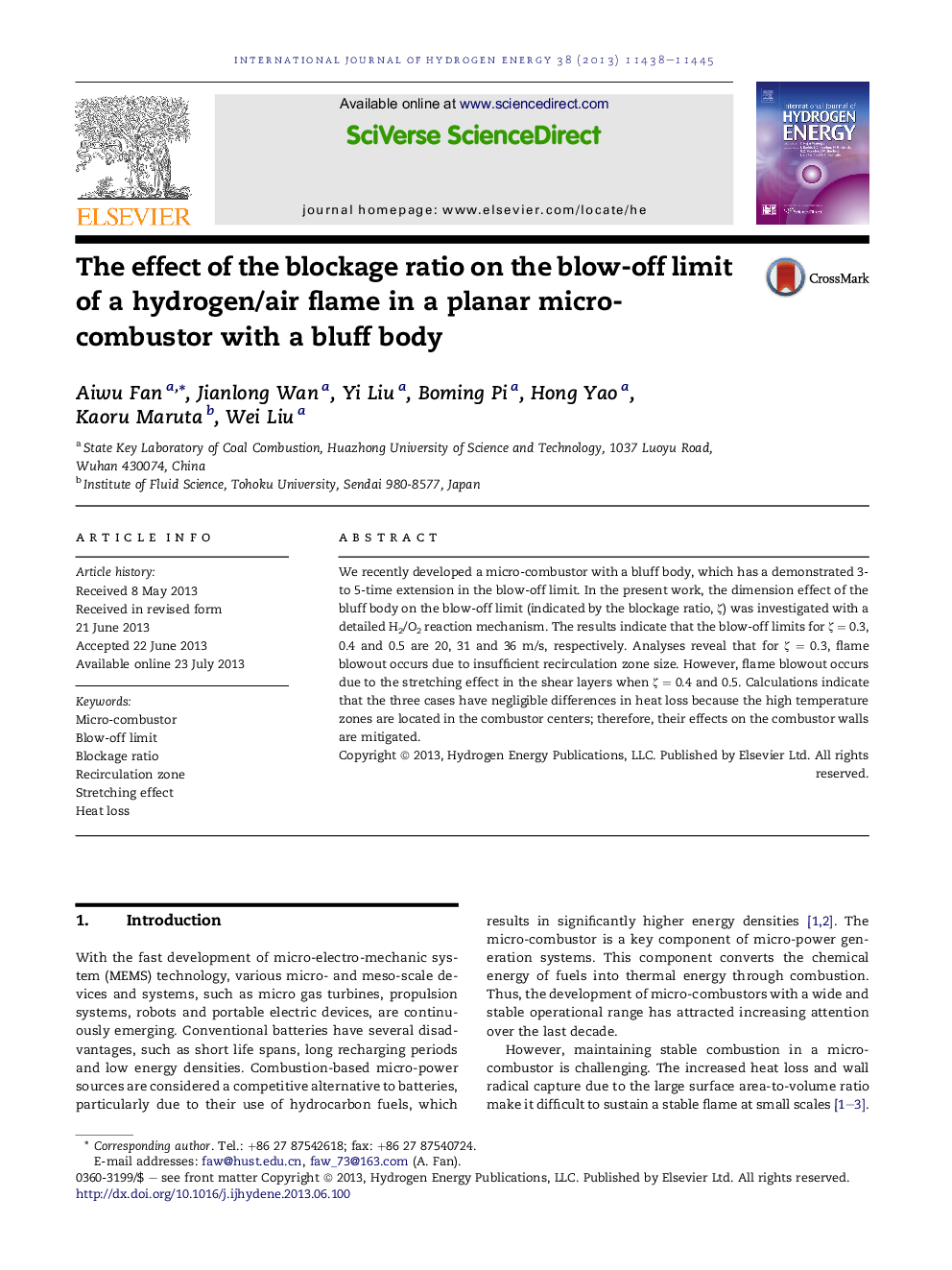 The effect of the blockage ratio on the blow-off limit of a hydrogen/air flame in a planar micro-combustor with a bluff body