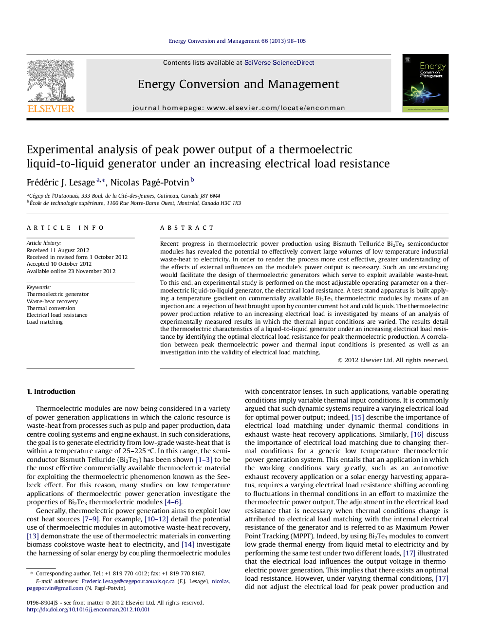 Experimental analysis of peak power output of a thermoelectric liquid-to-liquid generator under an increasing electrical load resistance