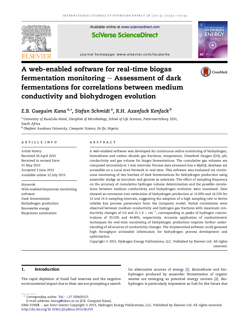 A web-enabled software for real-time biogas fermentation monitoring - Assessment of dark fermentations for correlations between medium conductivity and biohydrogen evolution