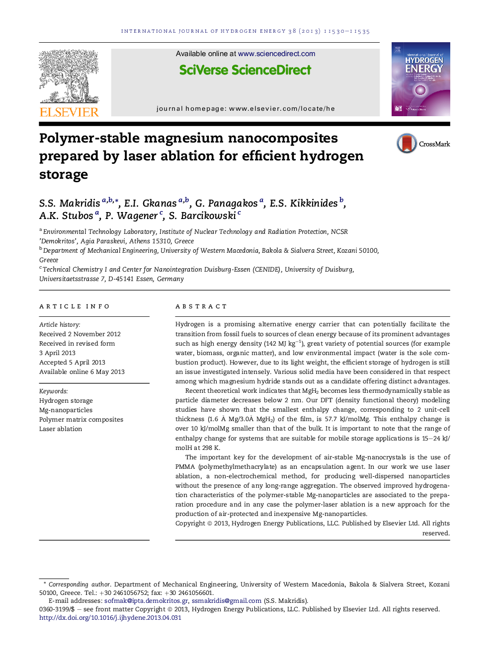 Polymer-stable magnesium nanocomposites prepared byÂ laser ablation for efficient hydrogen storage