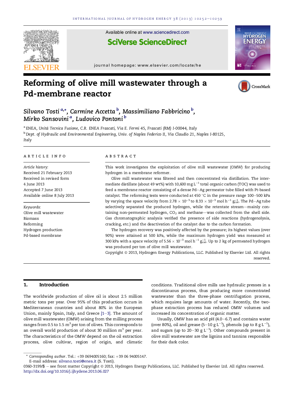 Reforming of olive mill wastewater through a Pd-membrane reactor